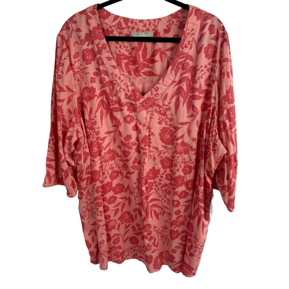 Woman Within Tunic Top Blouse Size 3X Pink Floral Print Short Sleeves NEW